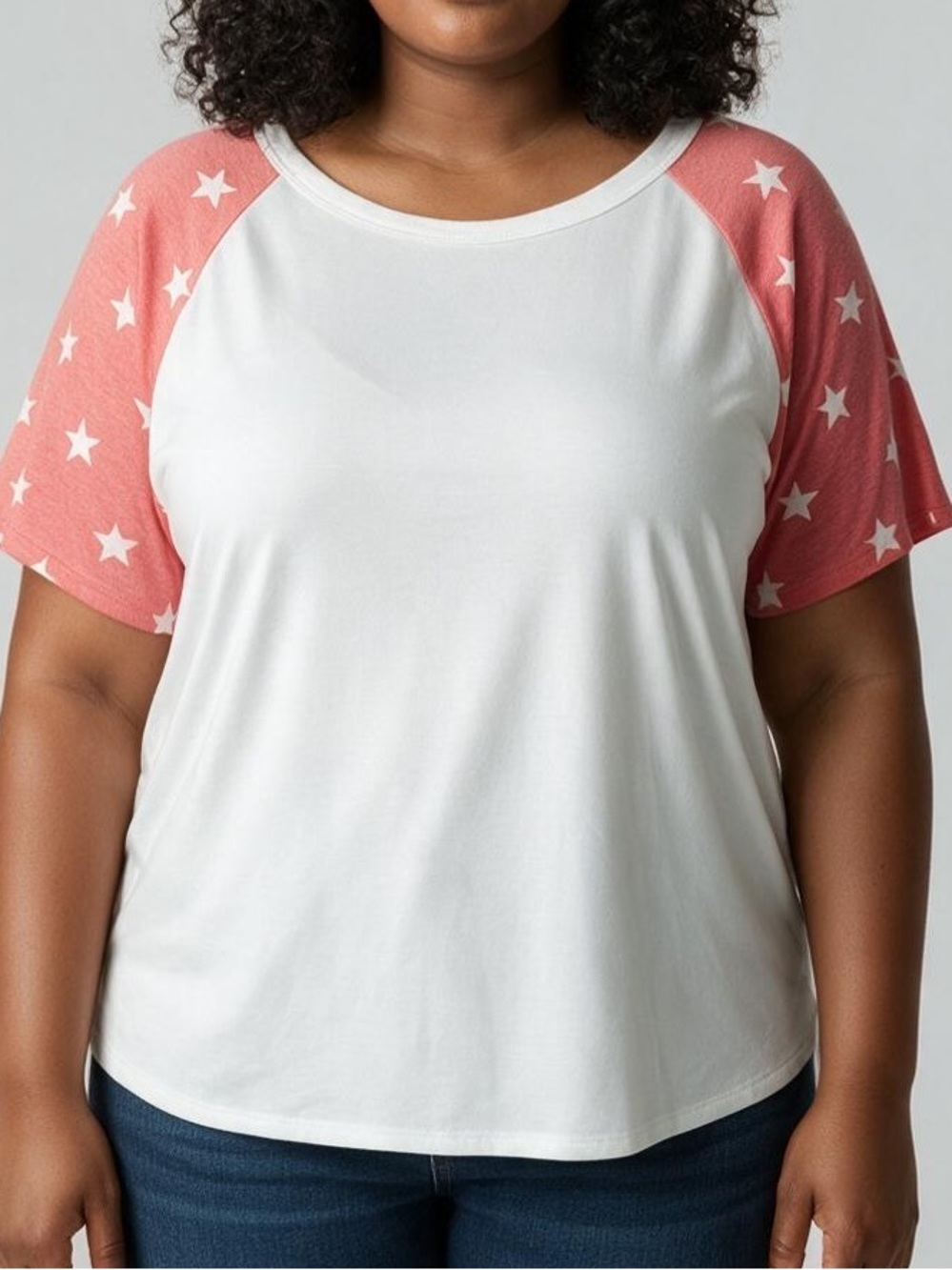 NWOT Women's Size 1X White Tee with Pink Star Raglan Sleeves